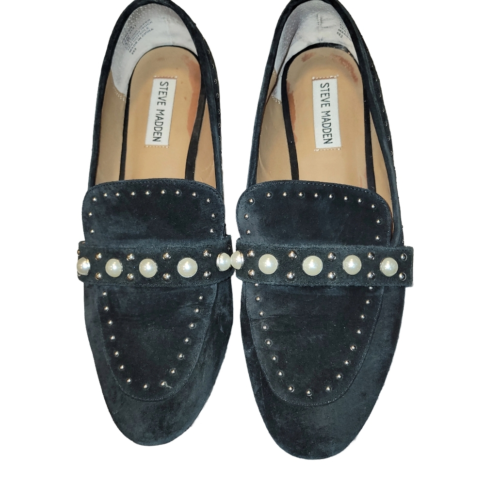 Steve Madden Perlyn Black Suede Pearl & Stud Embellished Loafers Size 10